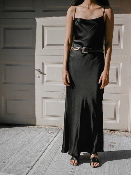 donna karan satin dress Donna Karan Women's Satin Ruffle Back Gown Dress in Black, Size 10