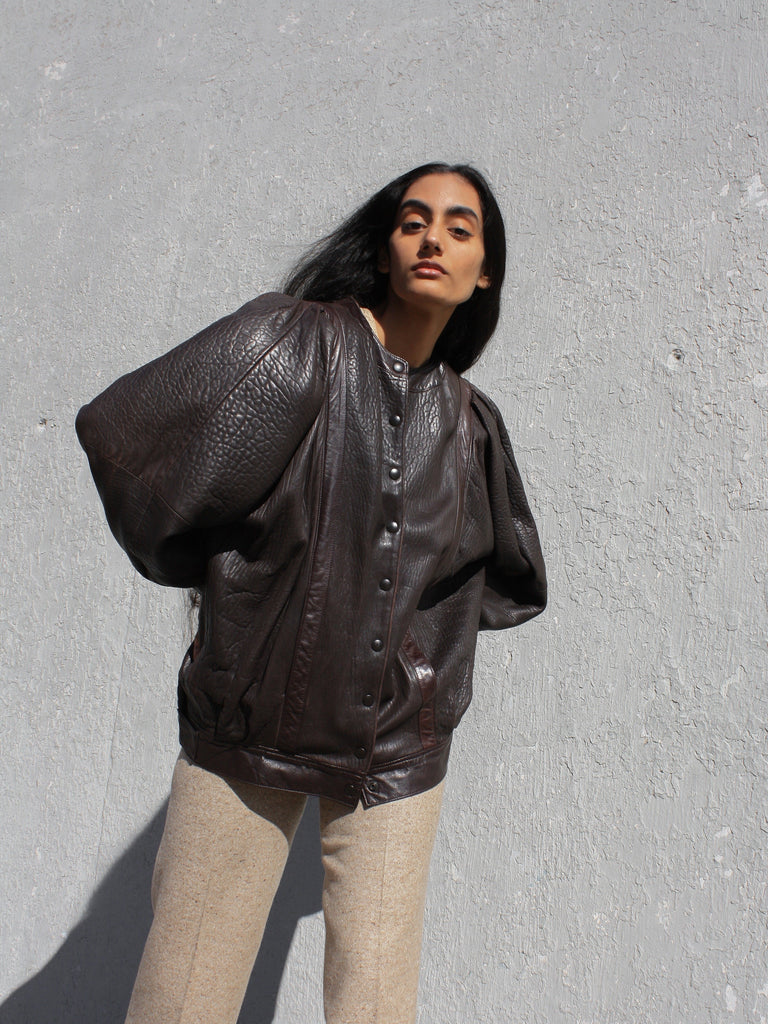 Puff Sleeve Espresso Leather Jacket